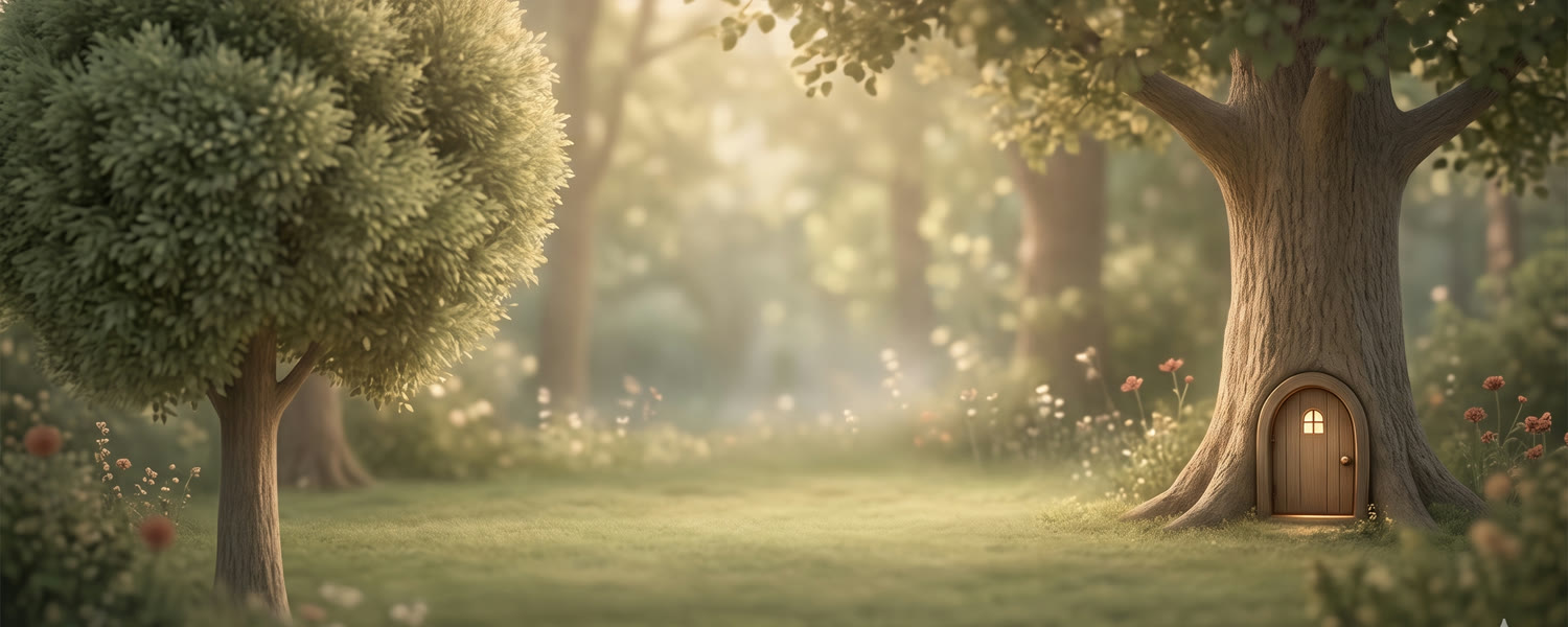 A sunlit forest clearing with a small round door at the foot of a tree